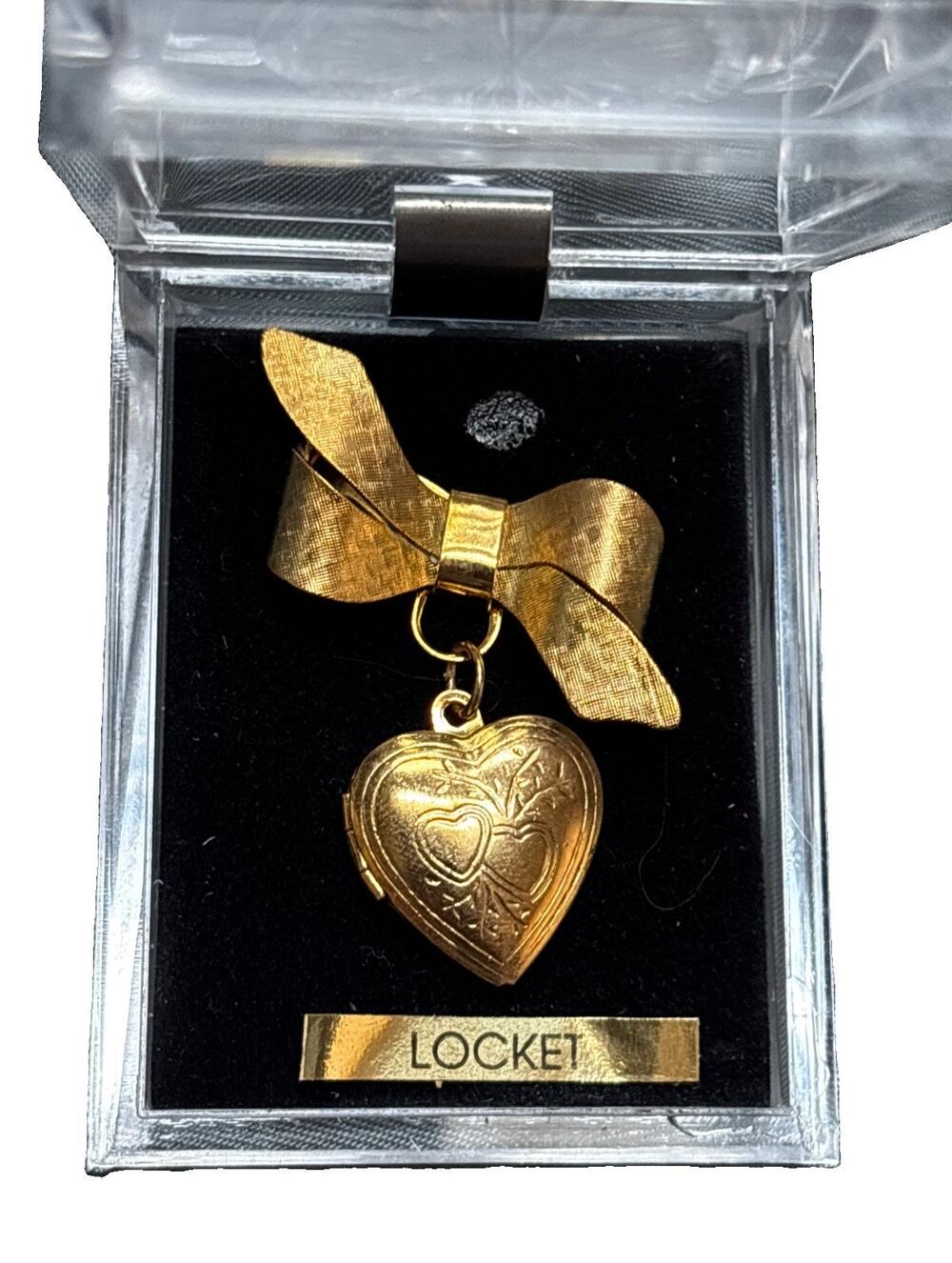 New Vintage Double Hearts Locket Brooch Dangling From a Bow Etched 2 Hearts 1.5”